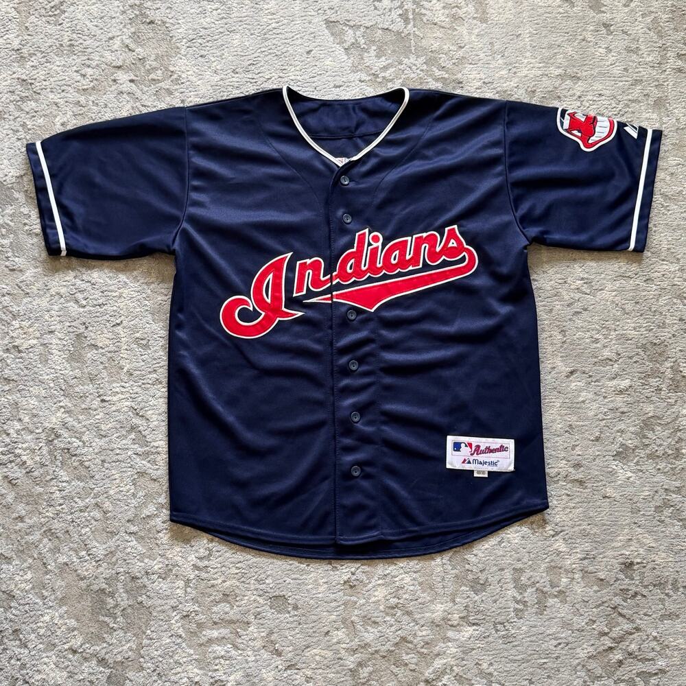 Majestic MLB Francisco Lindor Cleveland Indians Baseball Jersey Mens M Navy Red